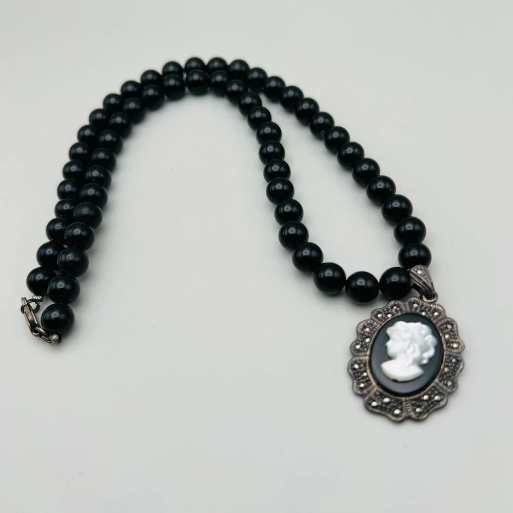 Vintage Mother of Pearl Cameo Sterling Silver Marcasite Frame Black Beaded Chain